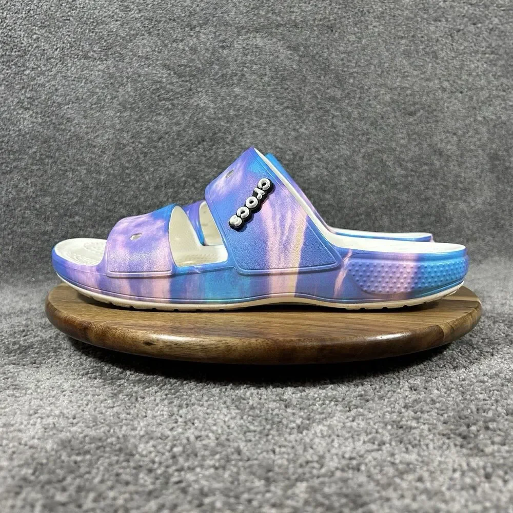 Crocs Classic Out of This World Mens Size 11 Blue Purple Tie Dye Slip On Sandals